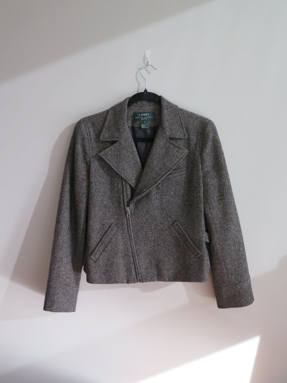 Lauren Ralph Lauren Petite Wool Blend Moto Jacket Size 6P Brown Tweed